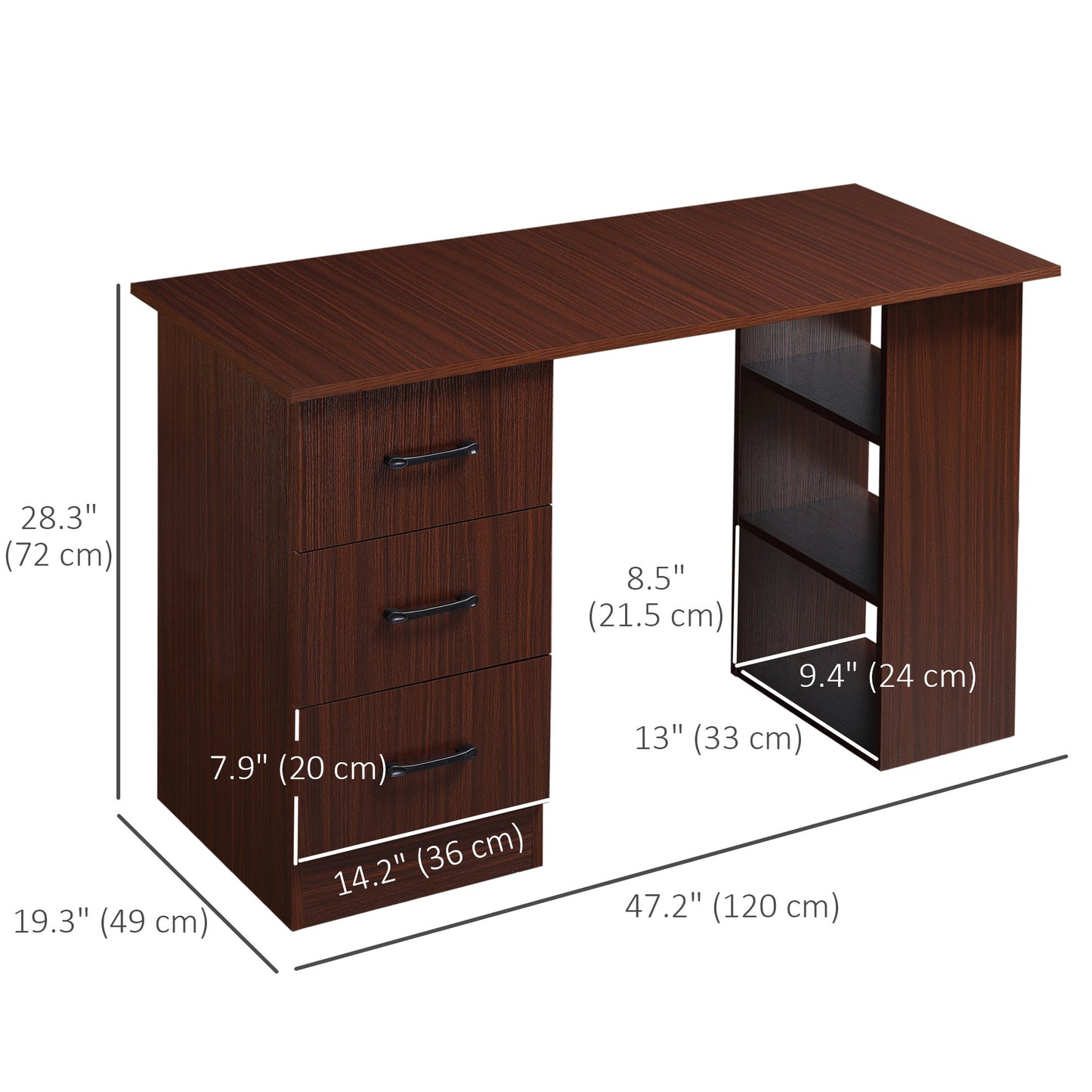 HOMCOM Computer Desk with 3-Tier Storage Shelves, 47-inch Home Office Desk with Drawers, Study and Writing Table, Walnut Color