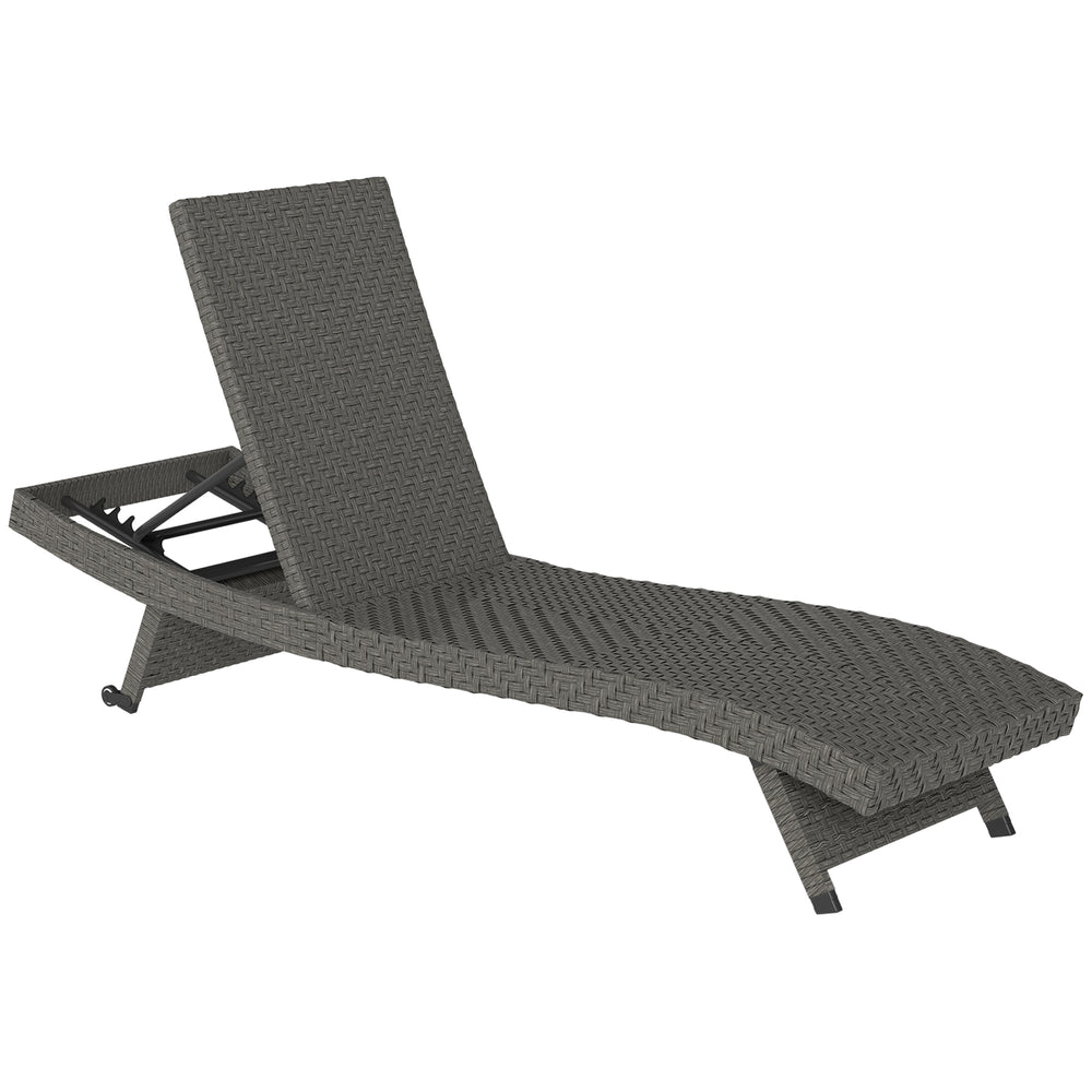 Chaise longue pliante d'extérieur en rotin avec dossier réglable sur 5 niveaux et roulettes, gris mélangé