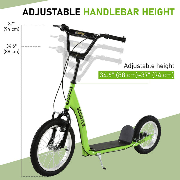 Trottinette avec guidon réglable, double frein, roues gonflables, verte