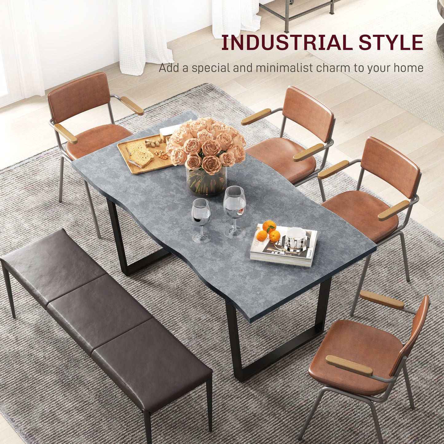 Table à manger industrielle avec plateau à bords ondulés et pieds en acier, pour 6 personnes maximum, gris ciment