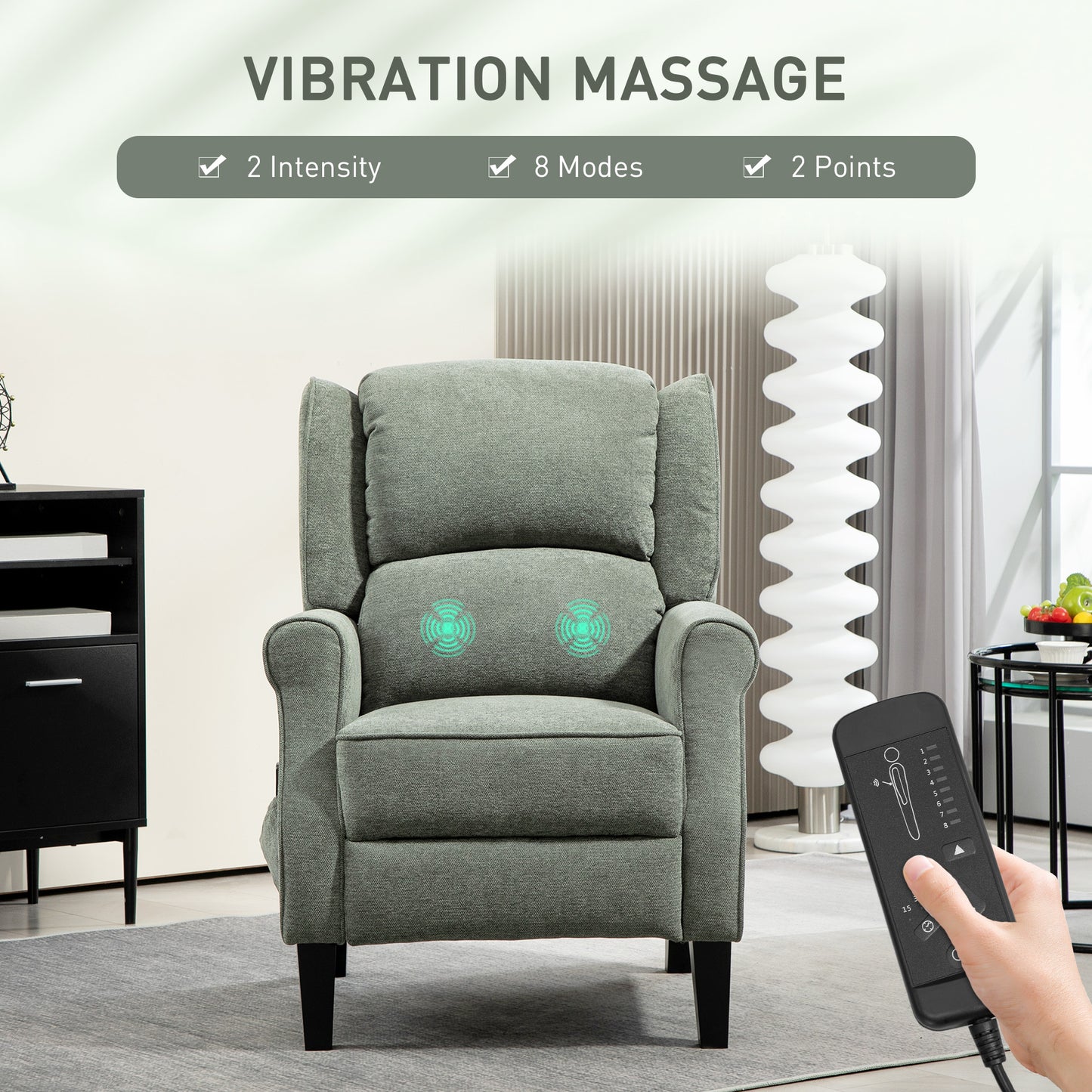 Fauteuil inclinable à massage par vibrations avec repose-pieds extensible, télécommande, vert foncé