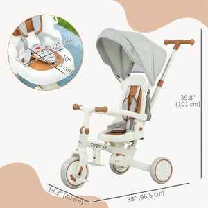 Tricycle 7 en 1 avec harnais de sécurité, poignée parentale réglable et amovible, blanc crème