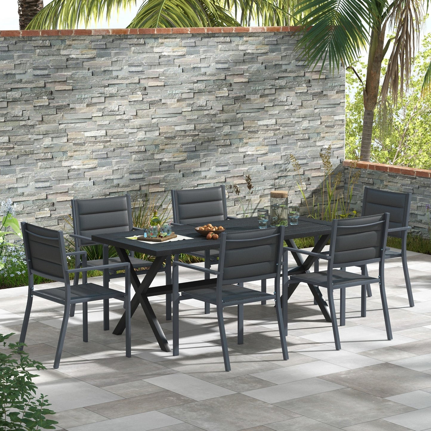 Outsunny 71" Outdoor Dining Table with X-Legs, Aluminum Frame, Darden Rectangular Table for 6 People, for Garden, Black