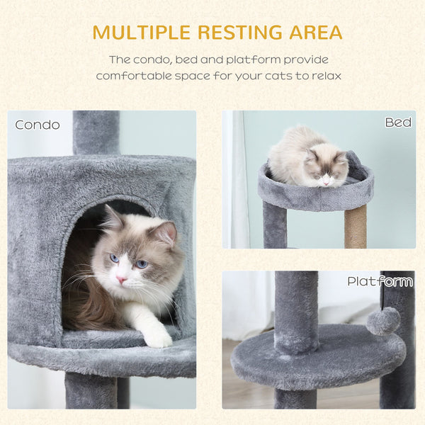 41" Cat Tree with Condo, Scratching Posts and Hanging Ball, Grey