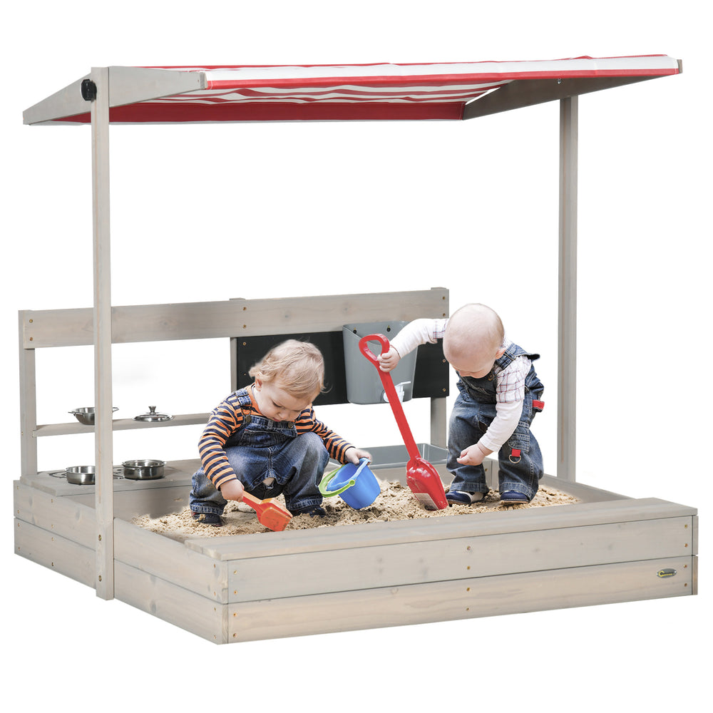 Bac à sable avec couvercle, cuisine, jouets, siège et rangement, gris
