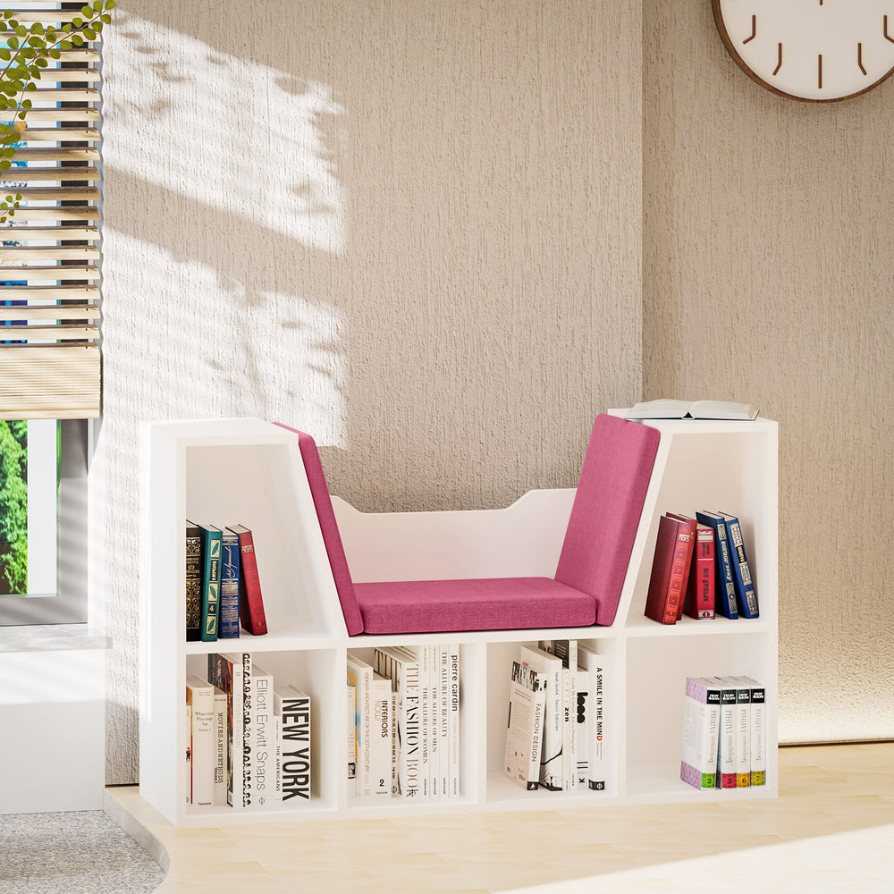 Bibliothèque à 6 compartiments avec coussin d'assise pour coin de lecture, rose