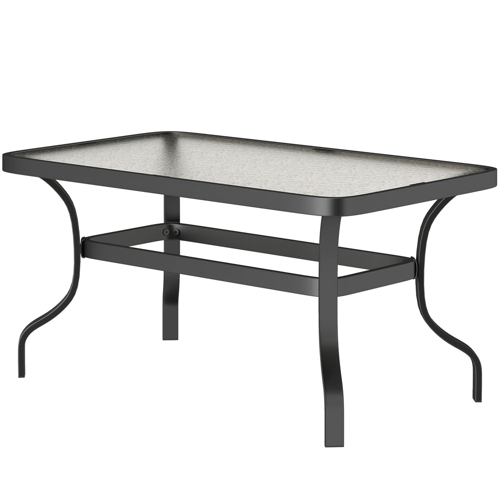 Table basse de patio avec plateau en verre trempé et cadre en métal, noire