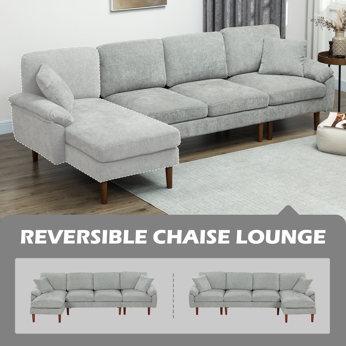 Modern Sectional Sofa with Removable Chaise, Cushions and Wooden Legs for Living Room, Gray