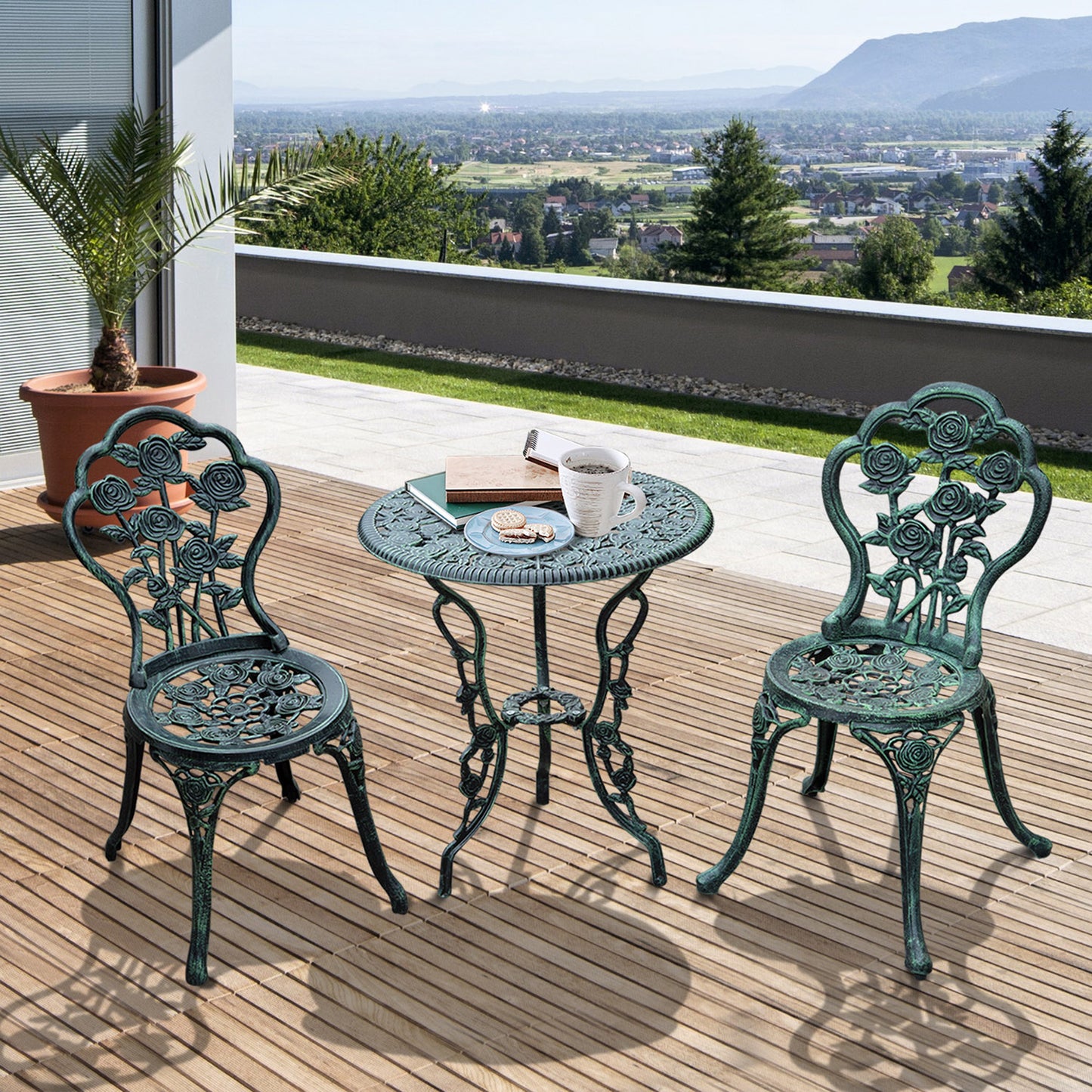 Outsunny Ensemble table et chaises de bistrot de patio 3 pièces Vert antique