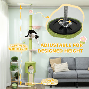 Arbre à chat de 221 à 241 cm, du sol au plafond, avec griffoir, condo et hamac, vert