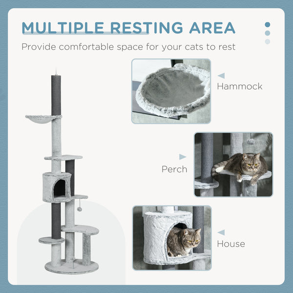 226-254cm Cat Tree with Hammock, Scratching Posts, Cabin, Perches, Play Ball, Grey