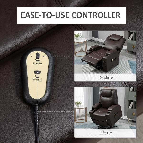 Fauteuil releveur électrique en cuir PU avec repose-pieds et porte-gobelets, marron
