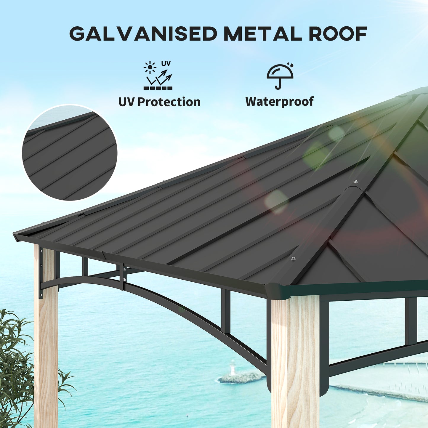 Gazebo 10' x 12' à toit rigide avec toit en métal, structure en grain de bois, auvent d'extérieur pour patio,