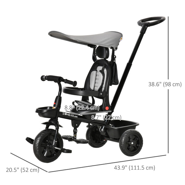 Tricycle 4 en 1 avec siège réglable à angle réversible, poignée amovible, gris