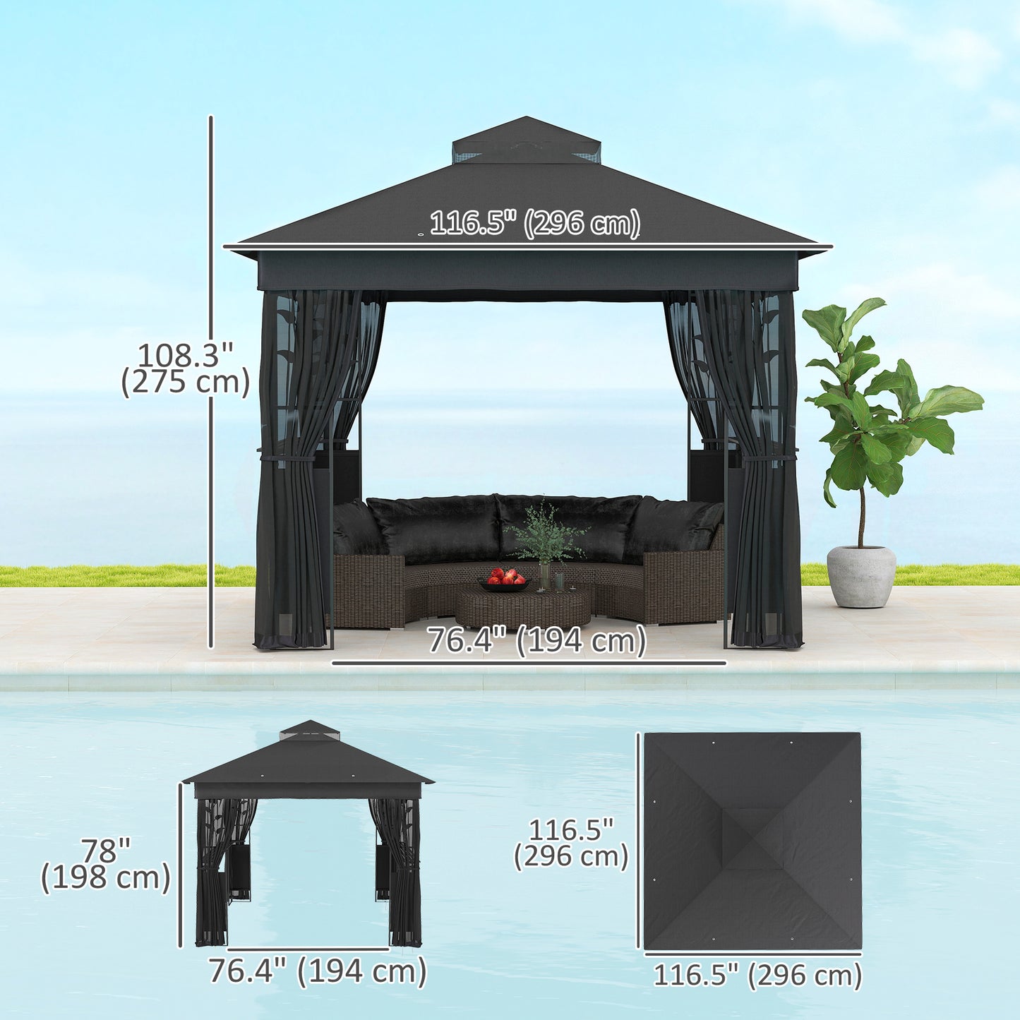 Gazebo 10' x 10' avec étagères et filet, UV30+ pour pelouse, jardin et terrasse