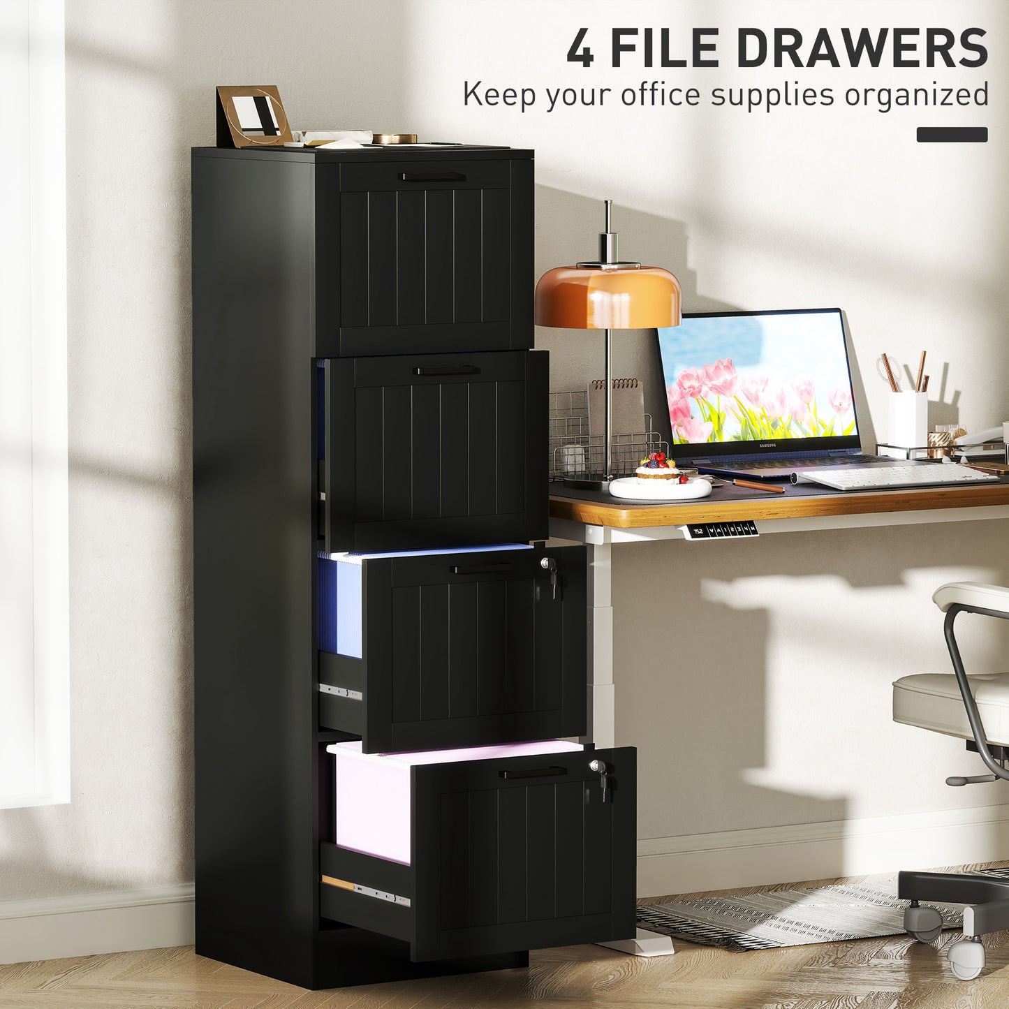 Classeur HOMCOM 4 tiroirs avec serrure, armoire de rangement de bureau avec barres de suspension réglables pour dossiers format A4, noir