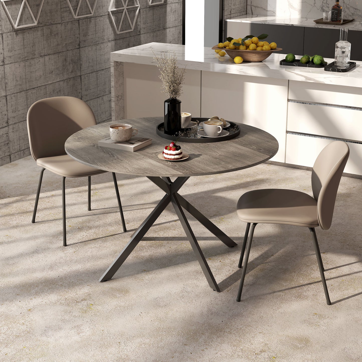 Table de cuisine ronde pour 4 personnes avec pieds en acier, grain de bois gris et noir