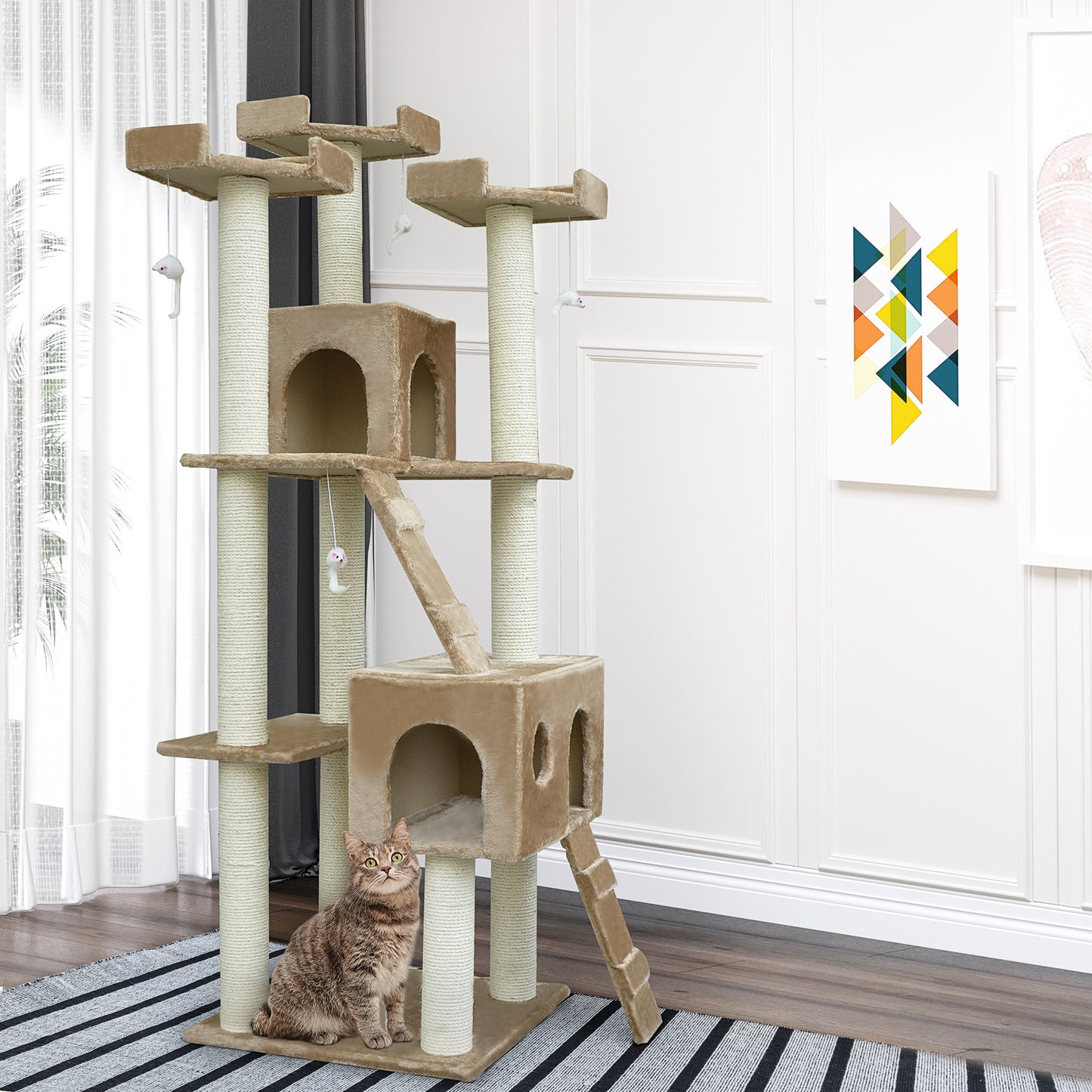 79" Cat Tree with Kitten Scratching Post, Activity Center and Toys, Beige
