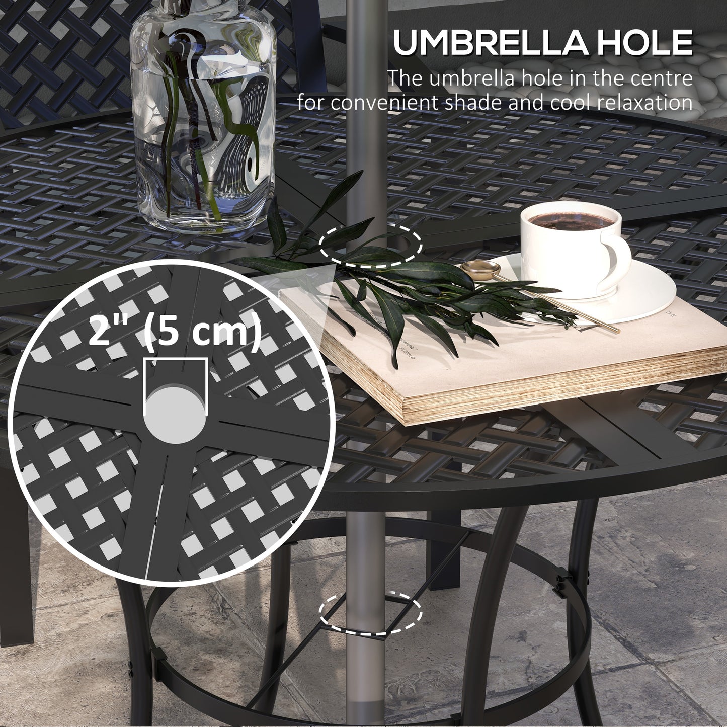 Outsunny 5-Piece Outdoor Dining Set with 4 Padded Stacking Armchairs, Patio Furniture Set with Umbrella Hole, Metal Table, for Garden, Patio, Poolside, Lawn, Backyard, Grey