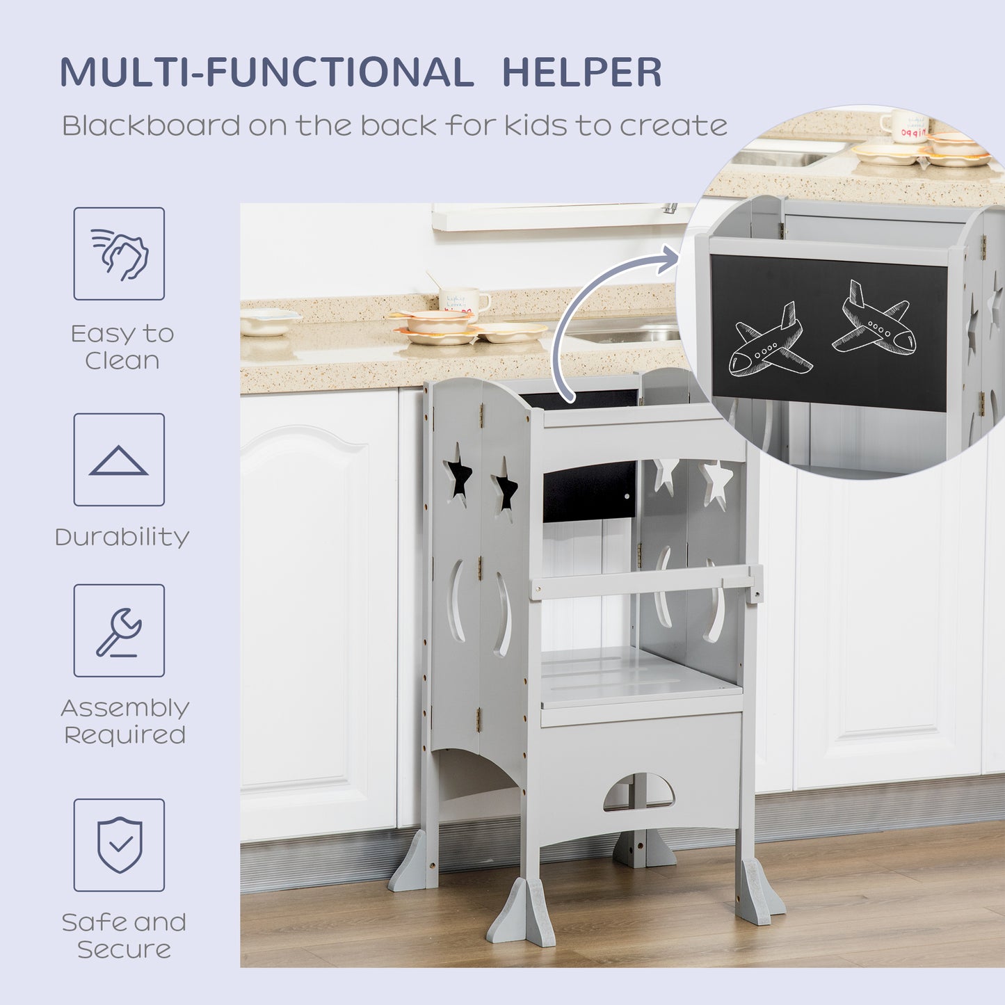 Foldable Toddler Kitchen Step Stool with Chalkboard and Locking Handrail for Kids Ages 3-6 Years Old Grey