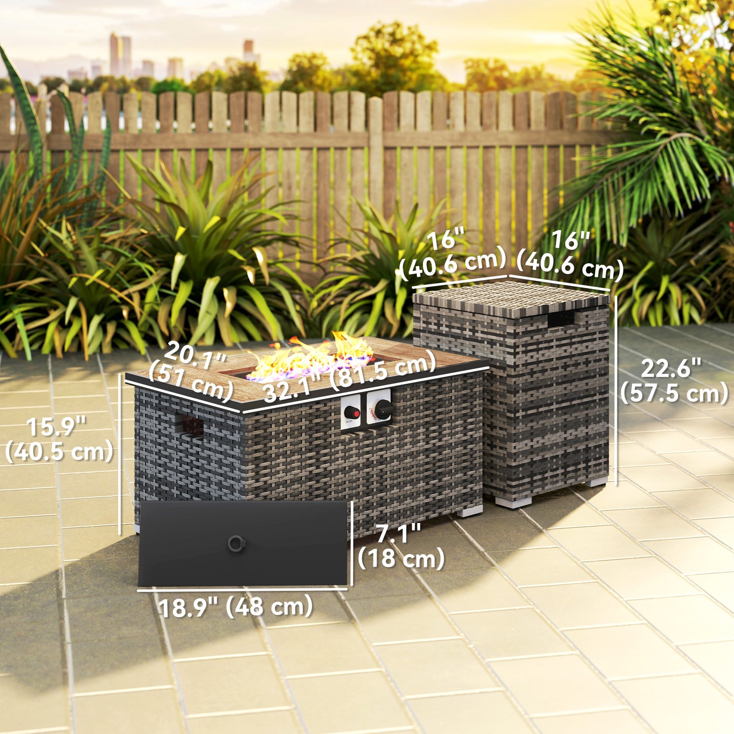 Table de foyer au propane 32 po en rotin de 40 000 BTU avec support de bouteille de propane dissimulé et housse imperméable