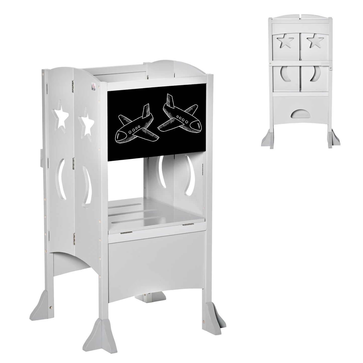 Foldable Toddler Kitchen Step Stool with Chalkboard and Locking Handrail for Kids Ages 3-6 Years Old Grey