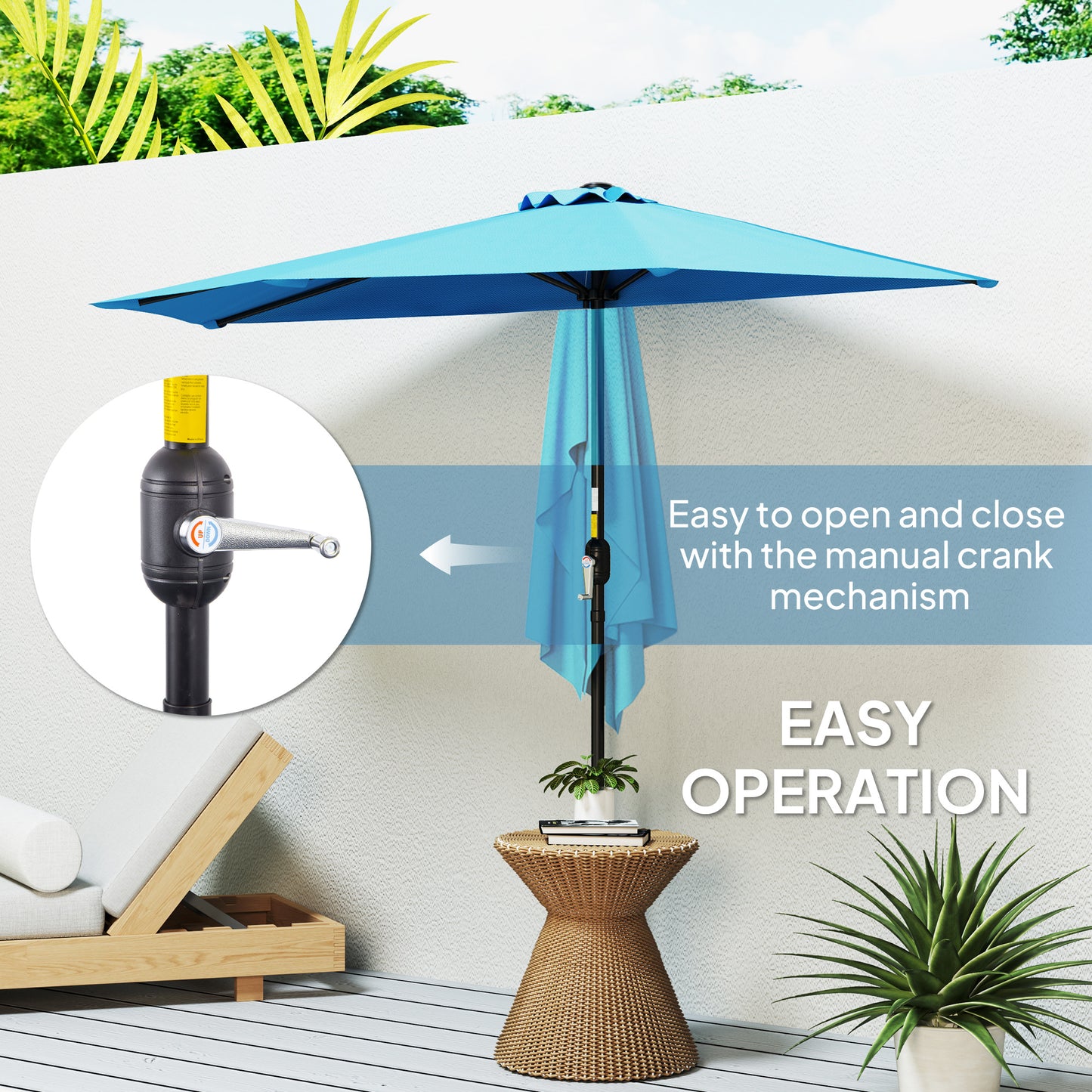 Outsunny 2.7m Half Round Parasol for Patio, Garden, Balcony, Window, Sun Shade with 5 Ribs, Light Blue