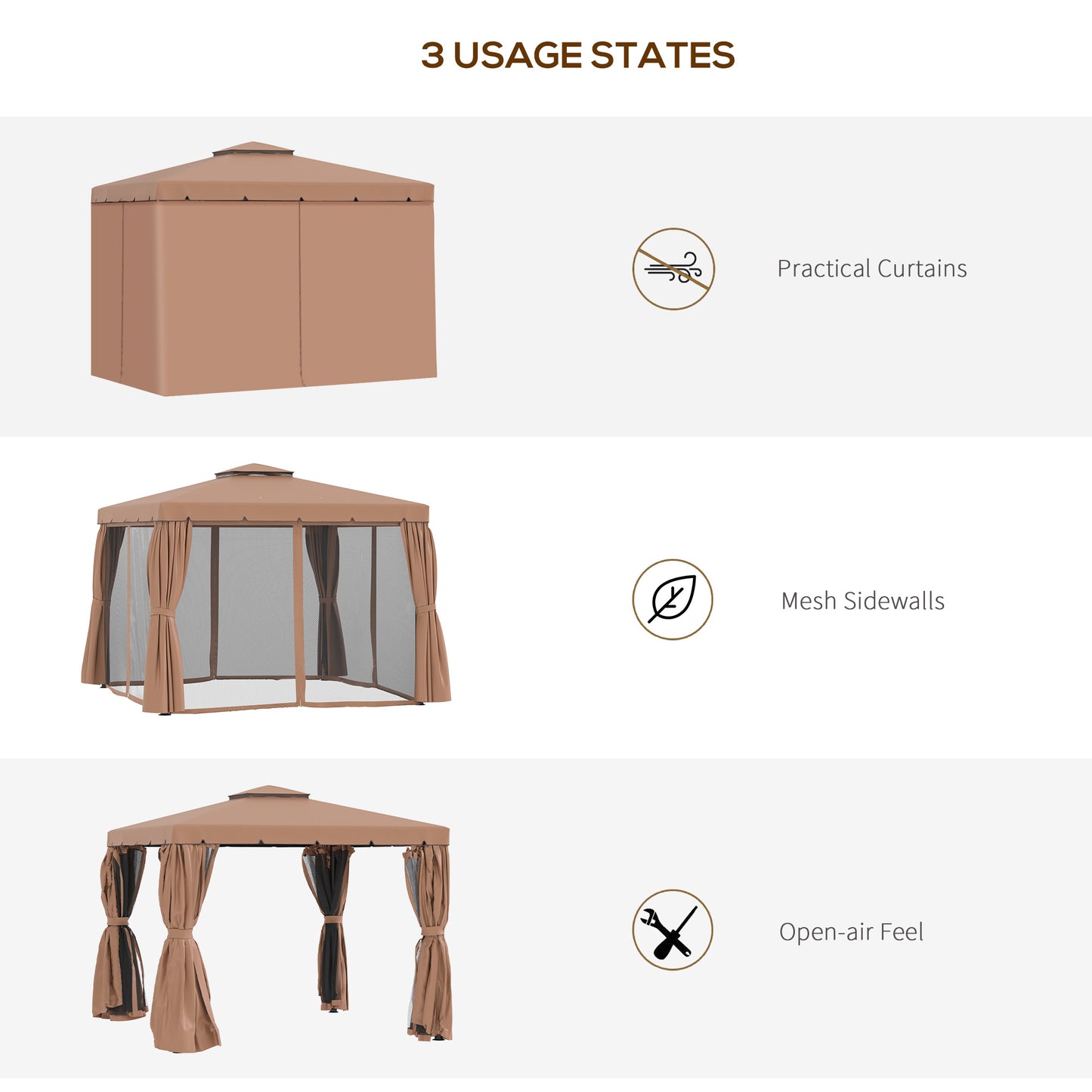 Gazebo d'extérieur 10' x 10' double toit souple avec rideaux et moustiquaires, marron