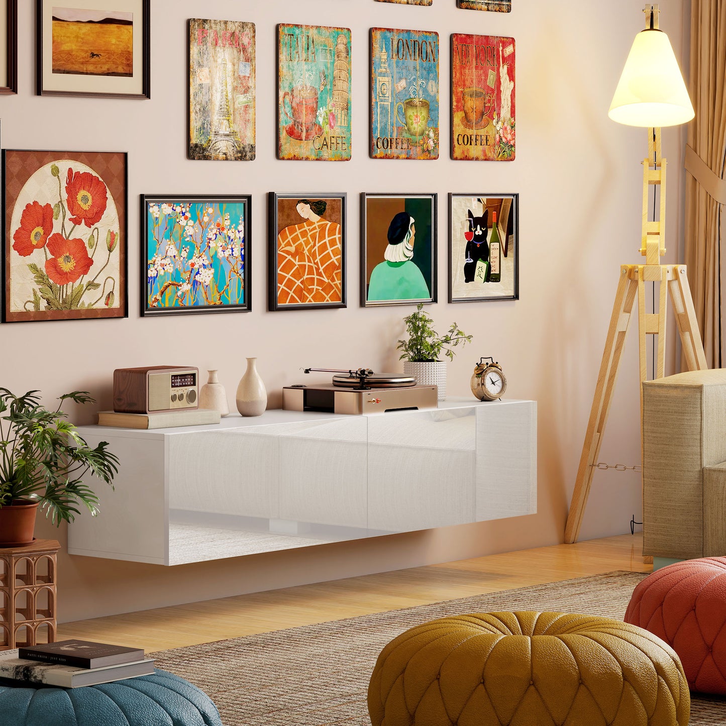 Meuble TV mural avec rangements pour téléviseurs 45, 55 et 65 pouces, blanc