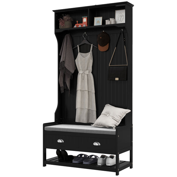 Hallway bench with 4 hooks, 2 drawers, 2 shelves, black
