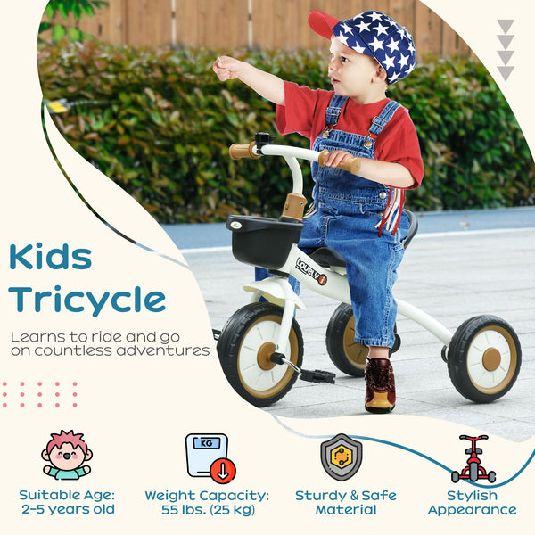 Tricycle avec siège réglable, panier, sonnette, blanc