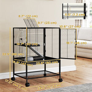 Cage roulante pour petits animaux avec plateau amovible et étagère de rangement, noire