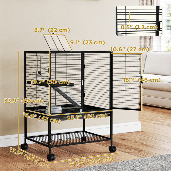 Cage roulante pour petits animaux avec plateau amovible et étagère de rangement, noire