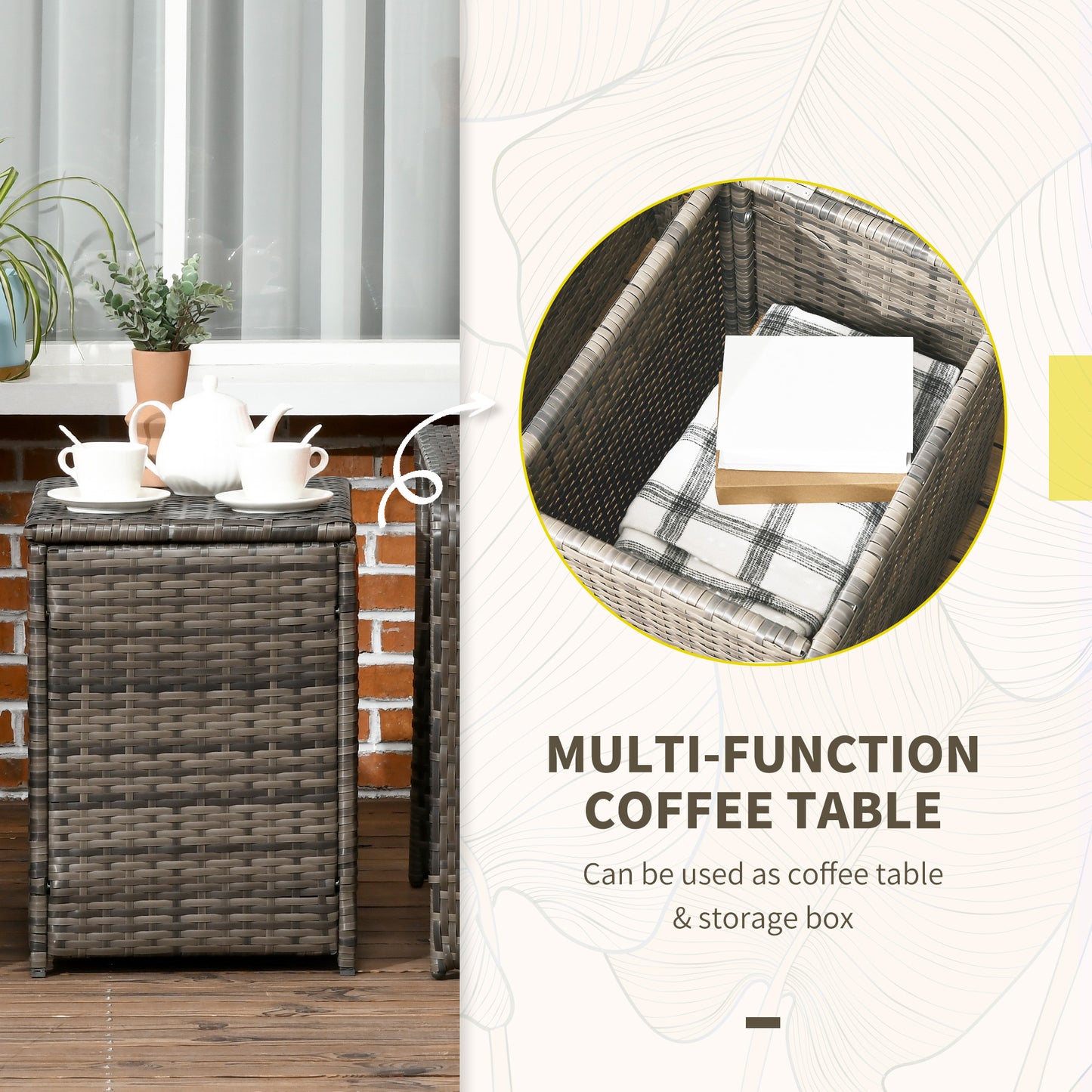 Outsunny 3 Piece Wicker Garden Furniture Set, Rattan Bistro Set with Storage Coffee Table and Thick Cushions, Outdoor Conversation Set for Garden, Porch, Balcony, Blue
