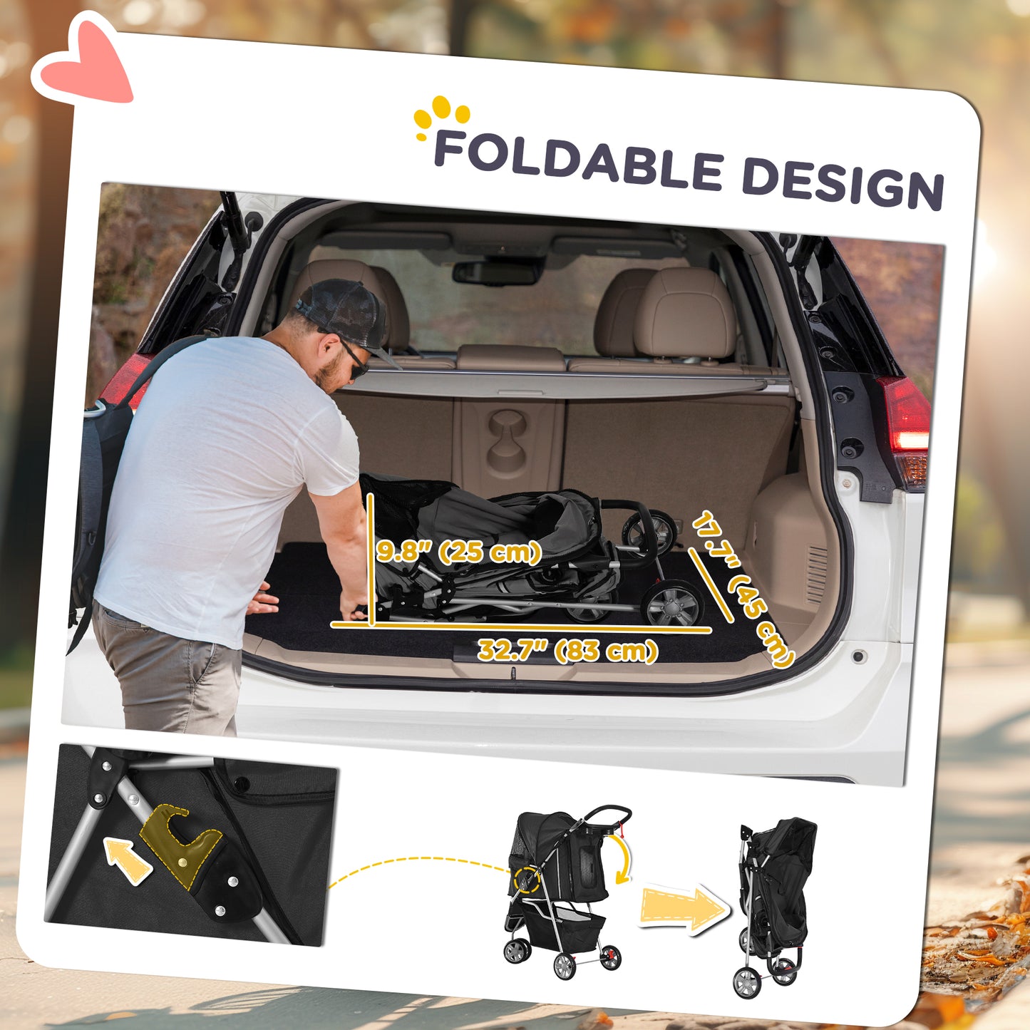 3-Wheel Foldable Stroller with Storage Basket for Miniature and Small Dogs, Black