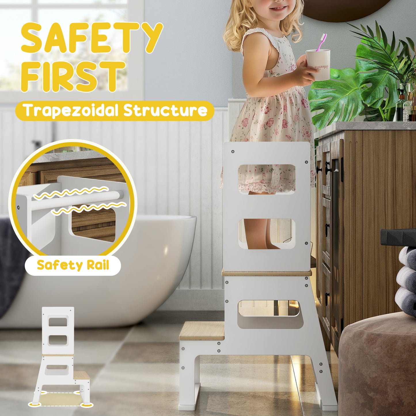 2-in-1 Toddler Kitchen Tower with Chalkboard and Safety Rail, White