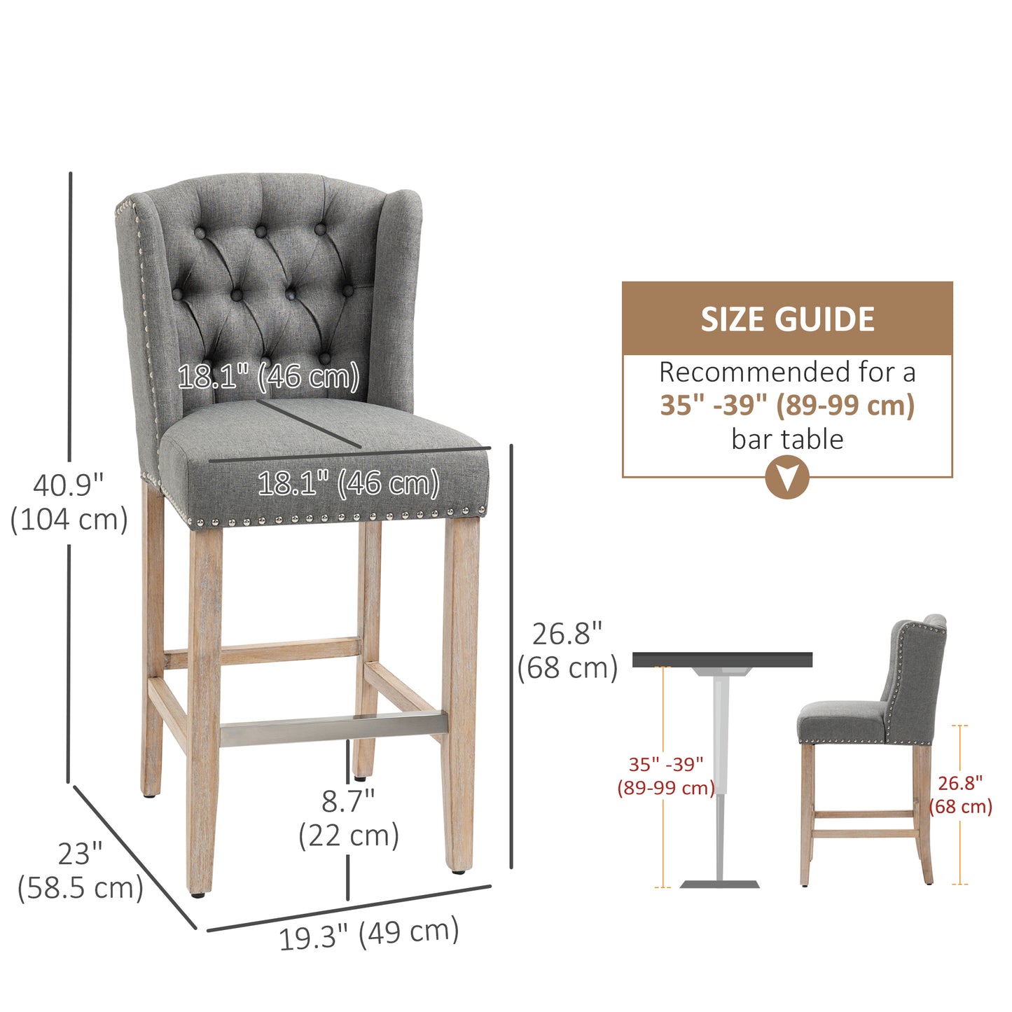 Lot de 2 tabourets de bar rembourrés, avec dossier clouté et repose-pieds, gris
