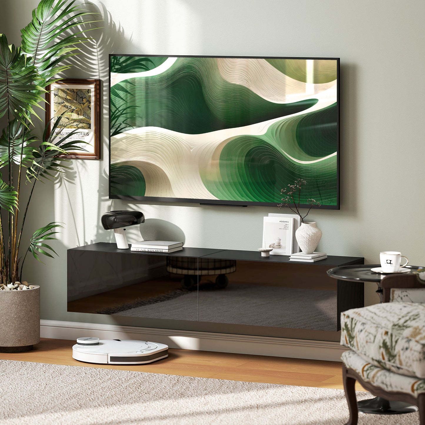 Meuble TV mural avec rangements pour téléviseurs 45, 55 et 65 pouces, noir