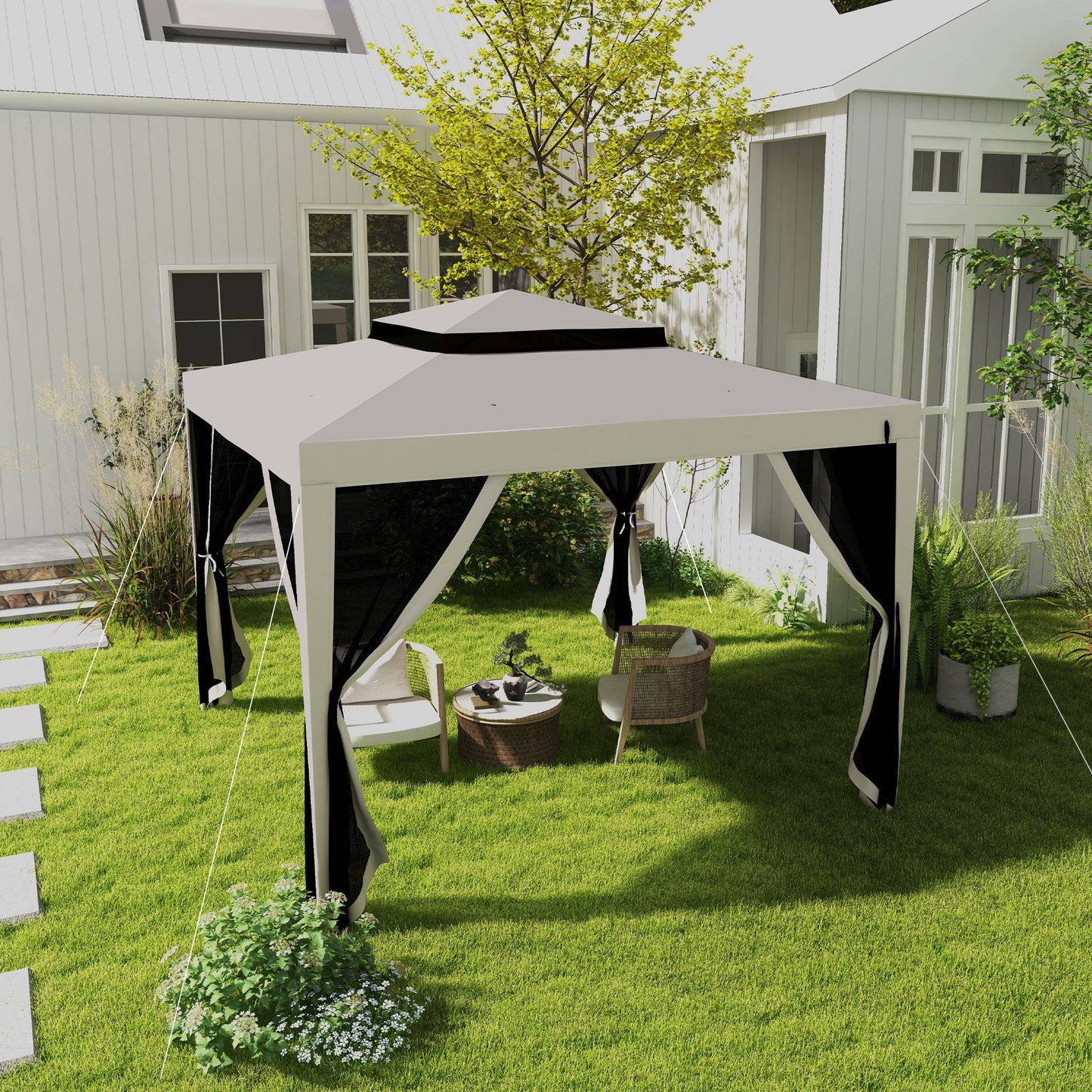 Outsunny 10' x 10' Gazebo with Mesh Netting and Two-Tier Roof for Garden, Patio, Cream White