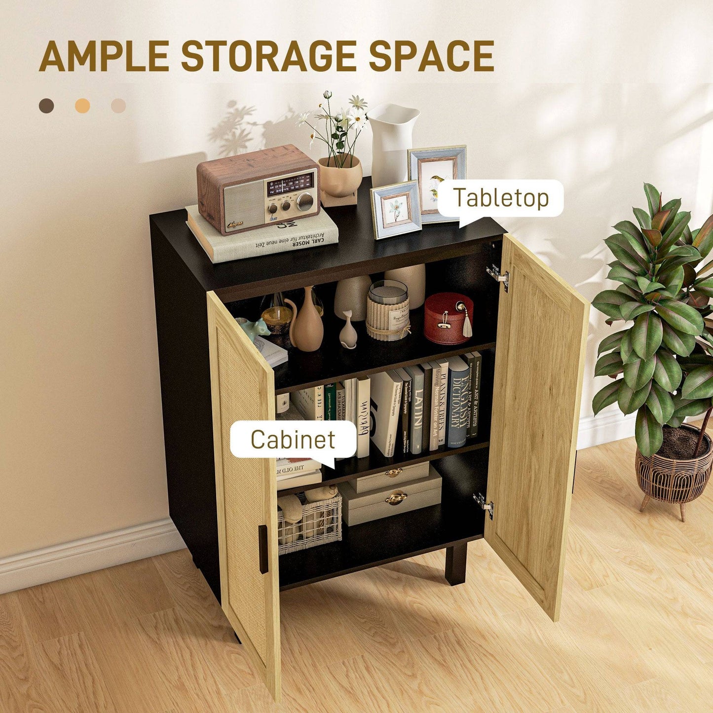 Bohemian sideboard, sideboard with 2 rattan doors and adjustable shelves, black and beige