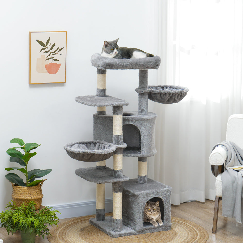 52.5" Cat Tree with Scratching Posts, Condos, Bed, Platforms & Hammocks, Grey