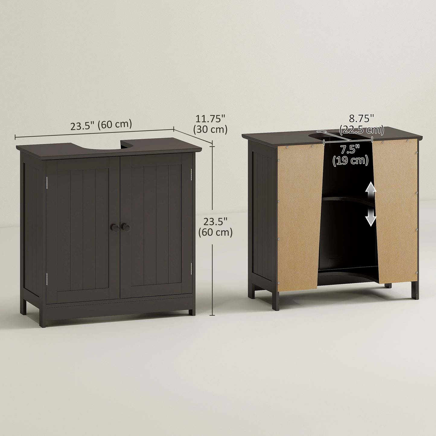 Meuble sous lavabo avec 2 portes et étagère, couleur café