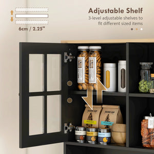 Sideboard with 3 cabinets, 2 open shelves and large worktop, black