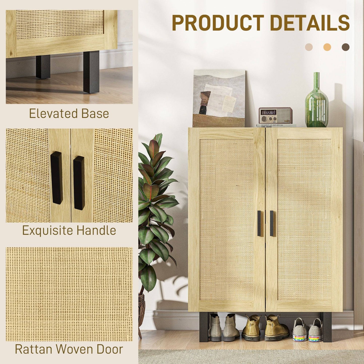 Bohemian sideboard, sideboard with 2 rattan doors and adjustable shelves, black and beige