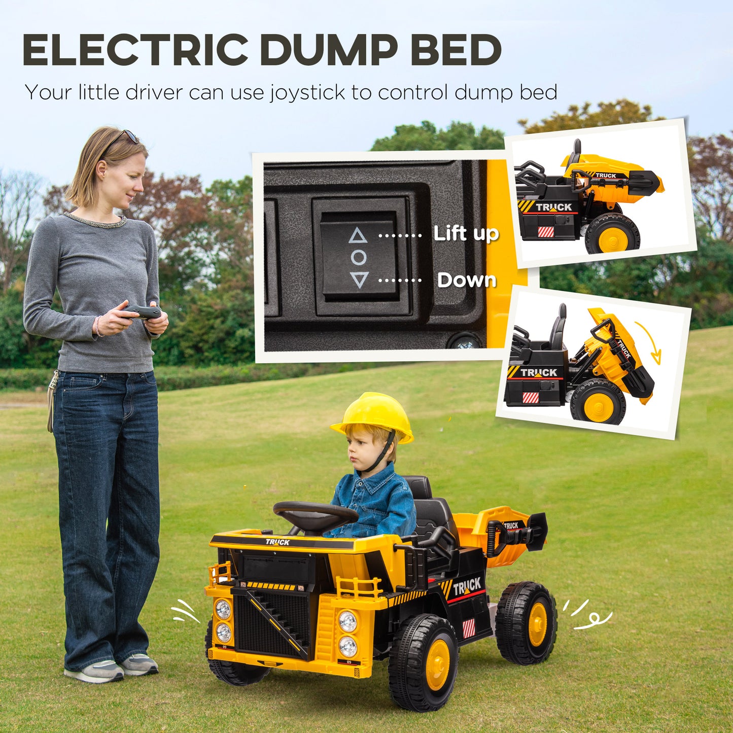 12V Dump Truck for Kids, Construction Vehicle with Electric Dump, Shovel and Spring Suspension