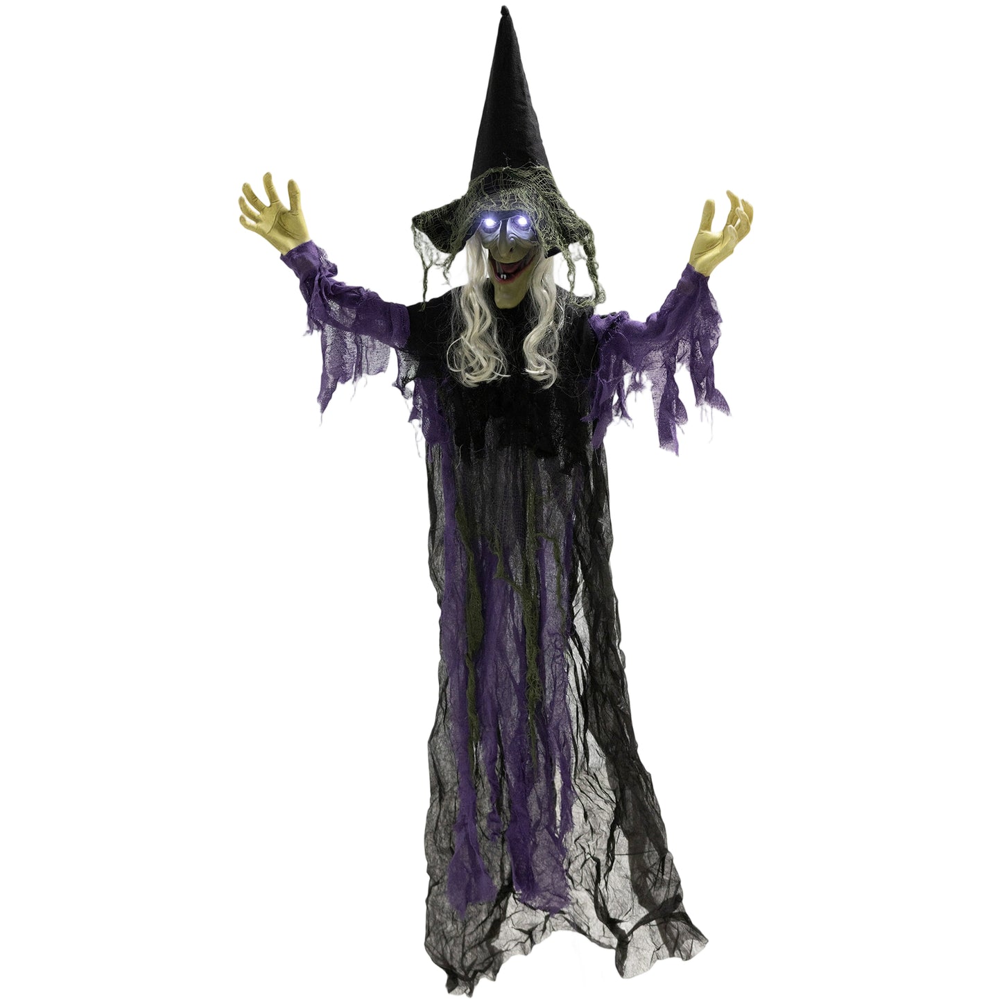 Sorcière animée grandeur nature à suspendre pour Halloween avec yeux LED lumineux,