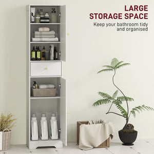 Meuble de rangement fin avec 2 portes, tiroir et étagère réglable, aspect bois blanc