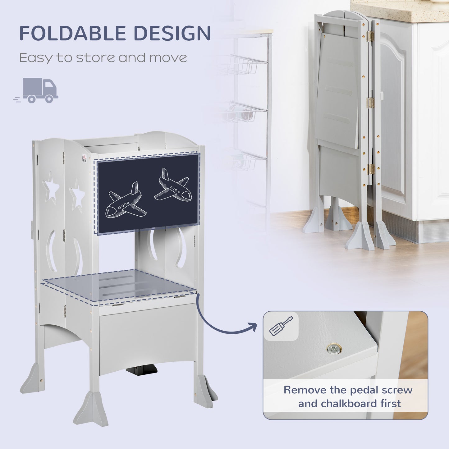 Foldable Toddler Kitchen Step Stool with Chalkboard and Locking Handrail for Kids Ages 3-6 Years Old Grey