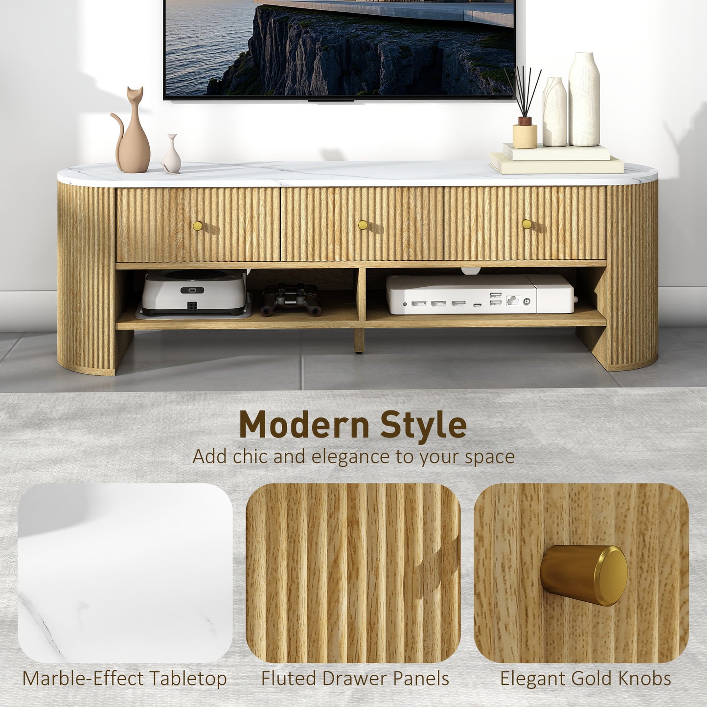 Meuble TV moderne avec plateau effet marbre, 3 tiroirs et 2 étagères ouvertes pour téléviseur de 32 à 65 pouces, naturel