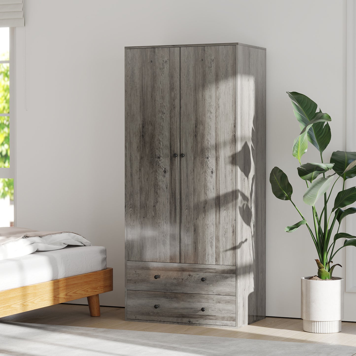 Armoire penderie moderne avec 2 tiroirs et tringle de suspension, gris